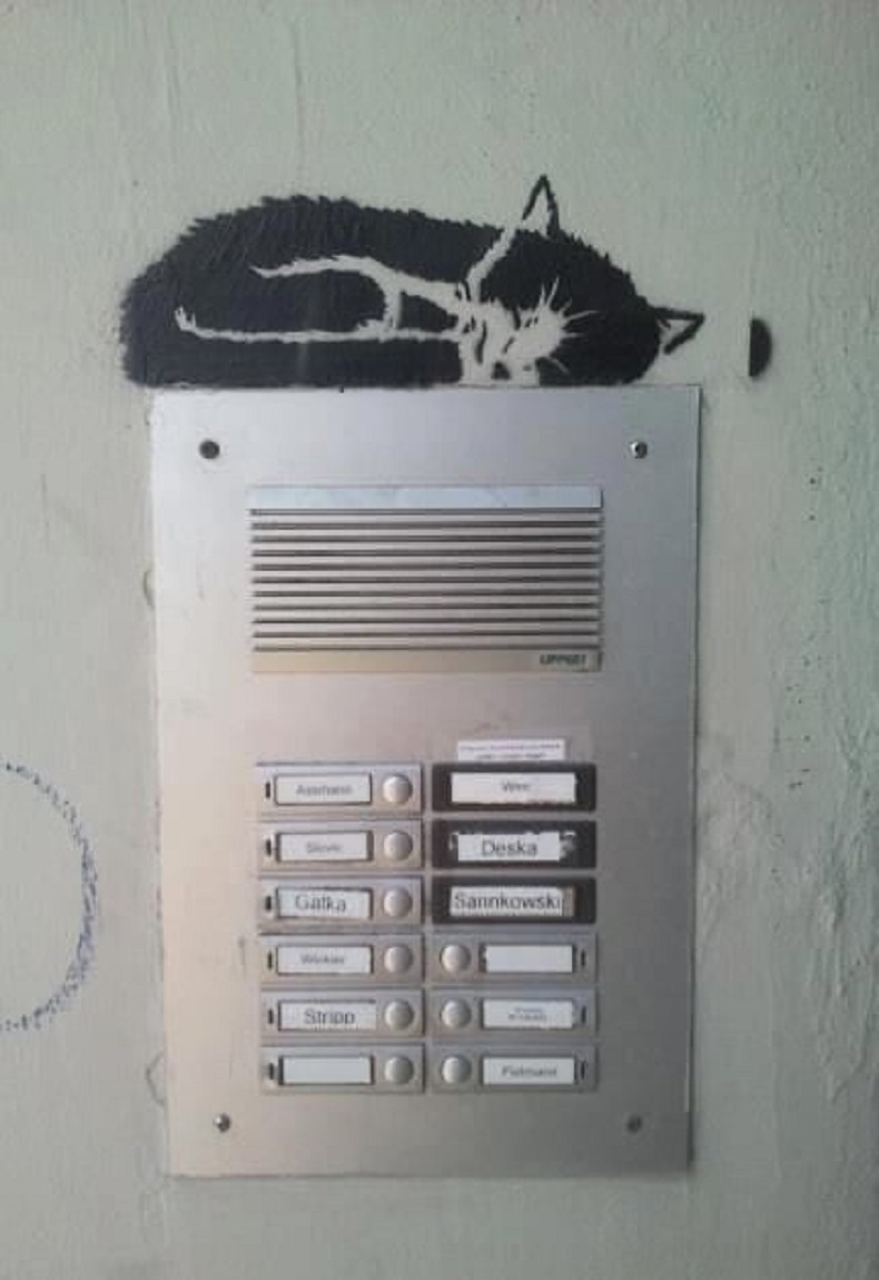 A cute and simple black-and-white street art stencil of a sitting cat.