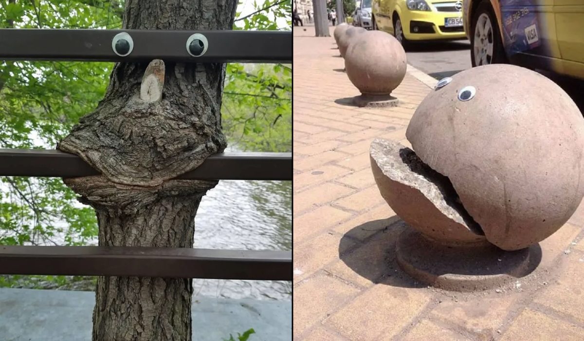 Googly eyes on a concrete block making a funny face