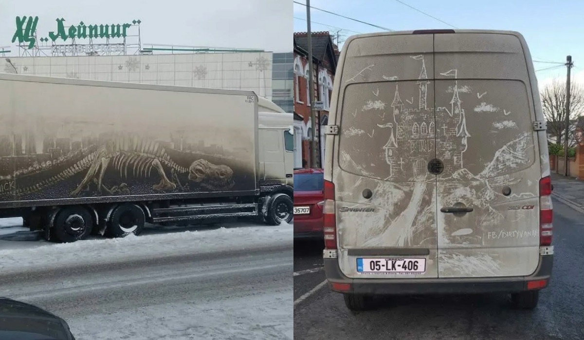 A dirty truck with a dinosaur skeleton mural on one side and a castle drawing on the back, set against a snowy environment.
