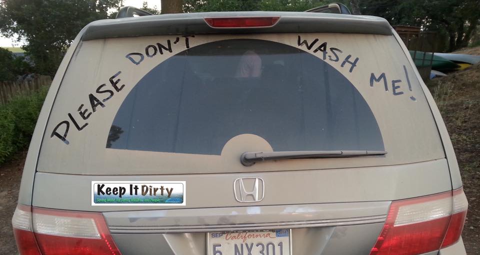 A van window with Please Don't Wash Me written in the dust