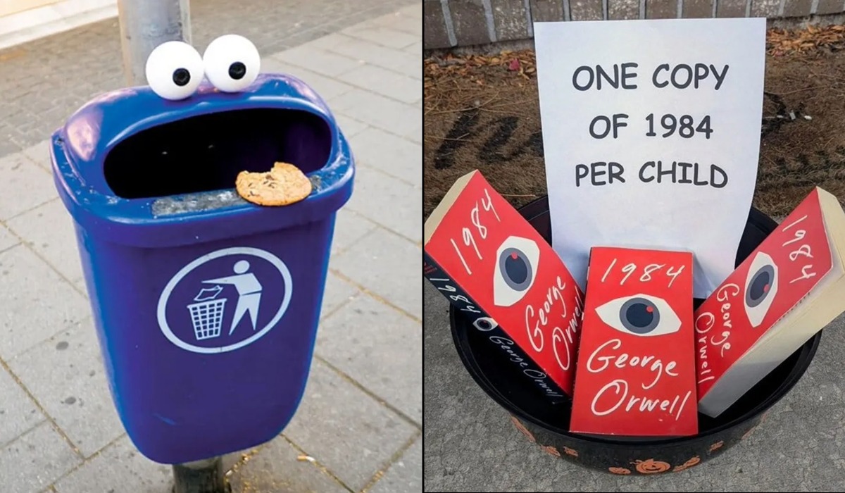 Split header image: on the left, a purple public trash bin with googly eyes and a cookie on its rim; on the right, a black bowl holding red copies of George Orwell’s 1984 with a sign that says “One Copy of 1984 Per Child.”