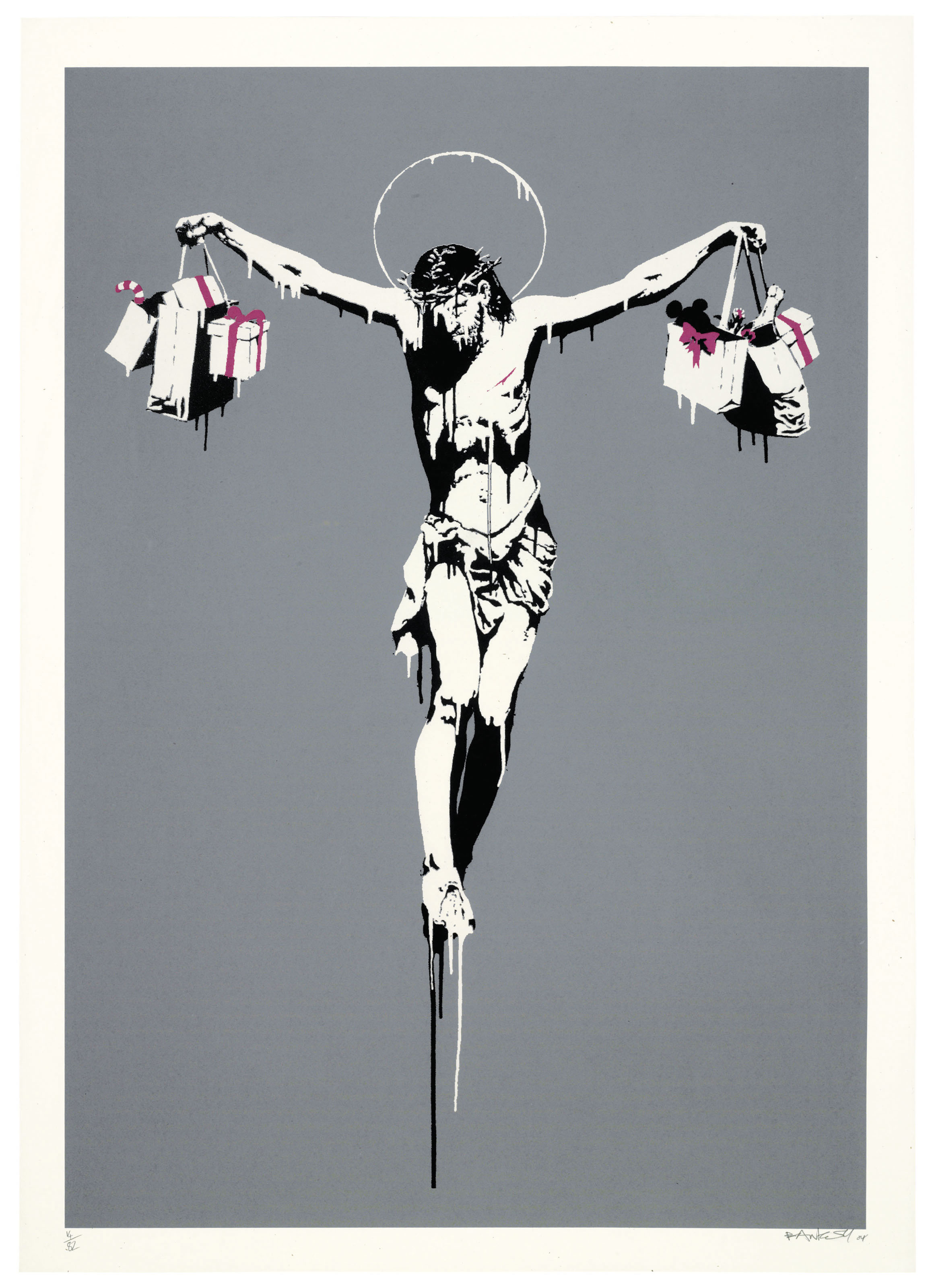 Banksy’s artwork Christ with Shopping Bags portrays a crucified figure of Christ holding shopping bags filled with Christmas-themed items like candy canes and gifts. The image critiques the commercialization of religious holidays and the materialism that overshadows their original meaning.