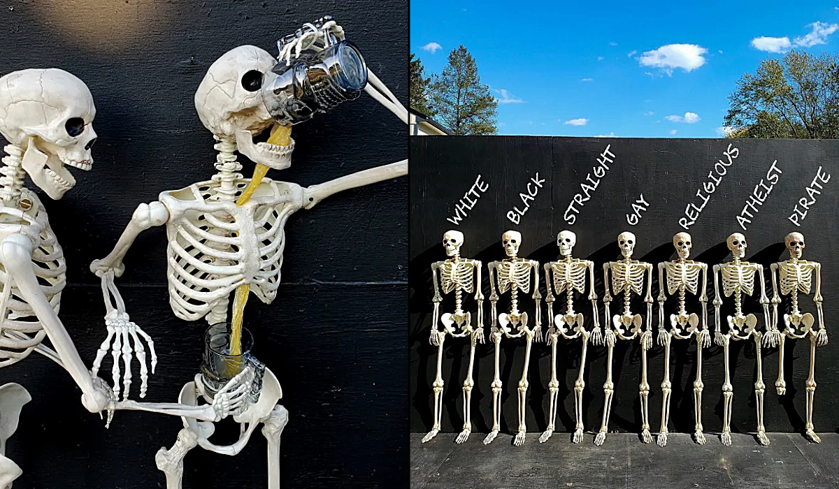 ItSkeletal’s Skeleton Art Header Image – A split image featuring two of ItSkeletal’s works. On the left, a skeleton drinks beer as it spills through its body. On the right, seven skeletons stand in a row labeled with different identities, emphasizing equality and sameness beneath it all.