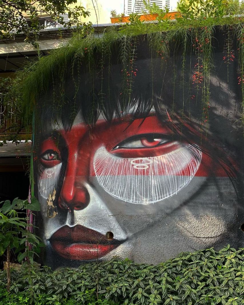 A mural by Tito Ferrara in Praça do Pôr do Sol, São Paulo, Brazil, showing a face partly covered by real hanging plants and greenery.