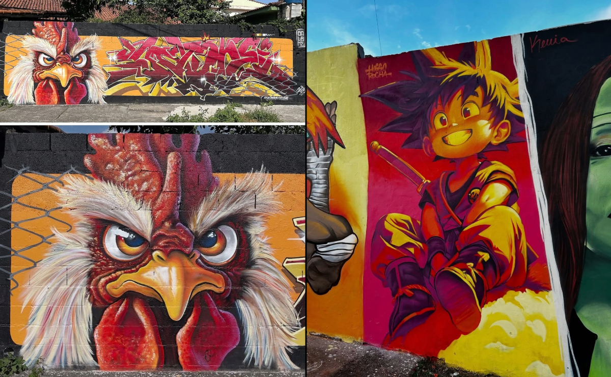 Split image showing two Brazilian murals: on the left, a close-up and wide view of a hyper-realistic angry chicken with detailed feathers and expressive eyes next to red-yellow graffiti by Wellington Galone in Santa Isabel, Brazil; on the right, a vibrant mural of Kid Goku in yellow and violet hues sitting on a flying cloud by Huggo Rocha in Londrina, Brazil, set against a deep red background.