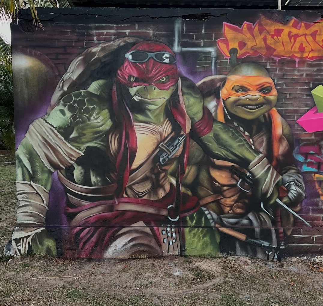 Mural by Johny Carlos and Ketu in Aracaju, Brazil showing Raphael and Michelangelo from Teenage Mutant Ninja Turtles with highly detailed bodies and facial expressions, posed in front of a brick wall and graffiti-filled alley.