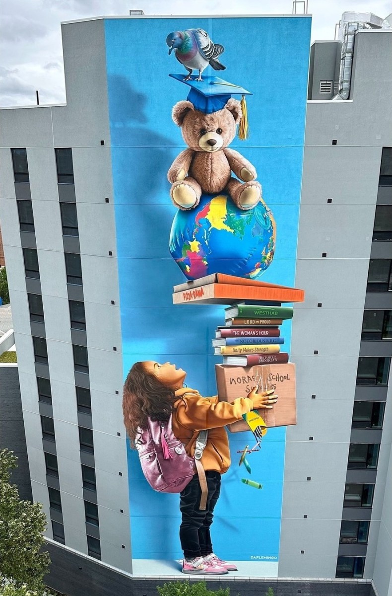 Mural by Darion Fleming, also known as DaFlemingo, at 108 St. Edwards Street in Brooklyn, New York, created with WXLLSPACE, showing a young girl with school supplies beside books supporting a globe, with a graduation-cap teddy bear and pigeon above.
