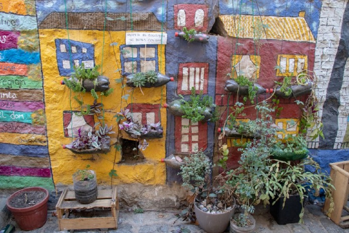 Vertical wall garden made from reused plastic bottles arranged on a mural of colorful painted houses, filled with succulents and plants, in Valparaíso, Chile.