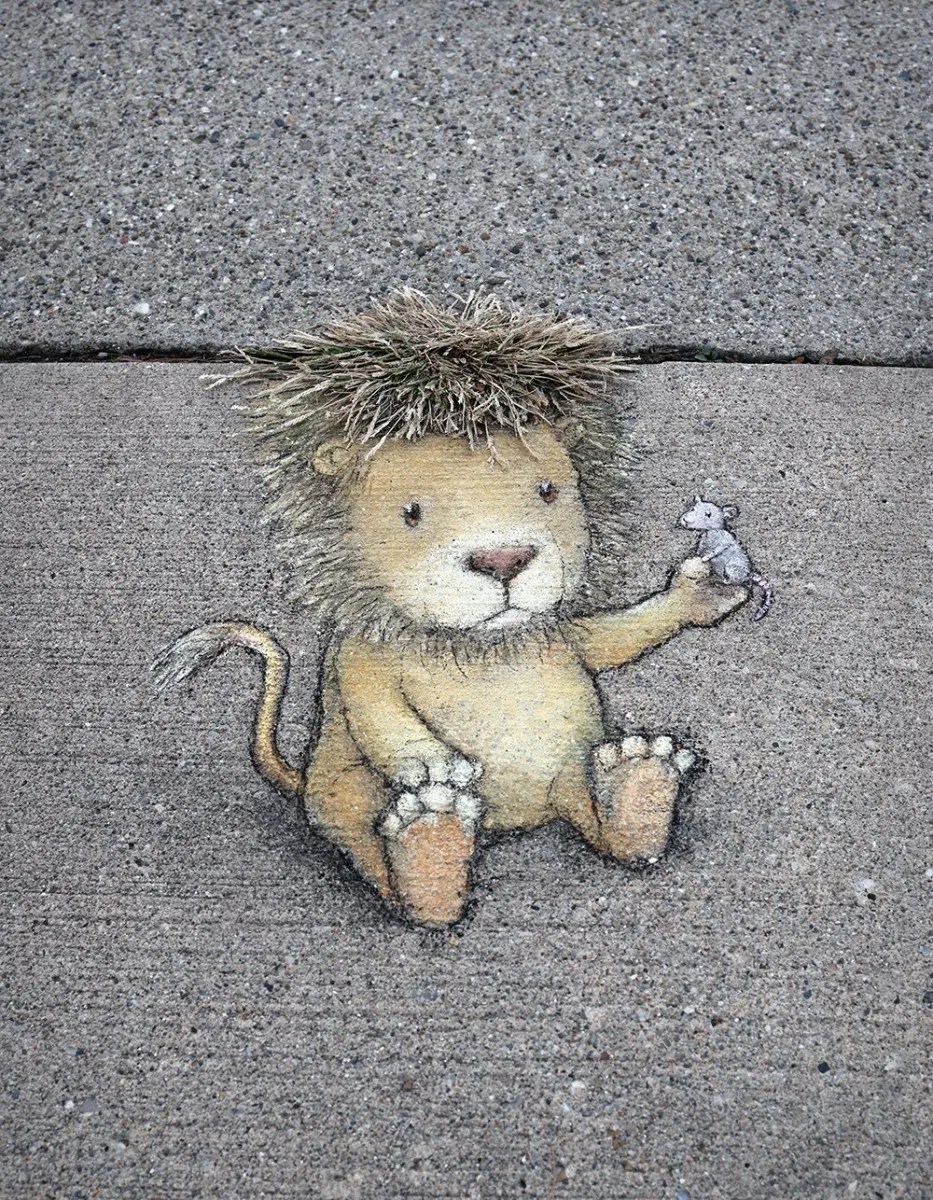 A whimsical chalk drawing by street artist David Zinn on a concrete sidewalk, featuring a small lion with soft golden fur, a playful expression, and a mane creatively integrated with real grass. The lion is sitting down, holding a tiny gray mouse in one paw, evoking the classic fable of "The Lion and the Mouse." The artwork seamlessly blends with the urban environment, using natural elements to enhance its charm and humor.