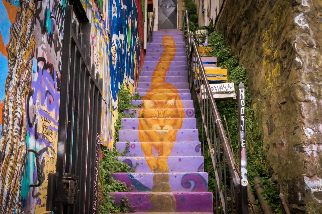 #StreetArt #Stair #cat in #Valparaiso, #Chile