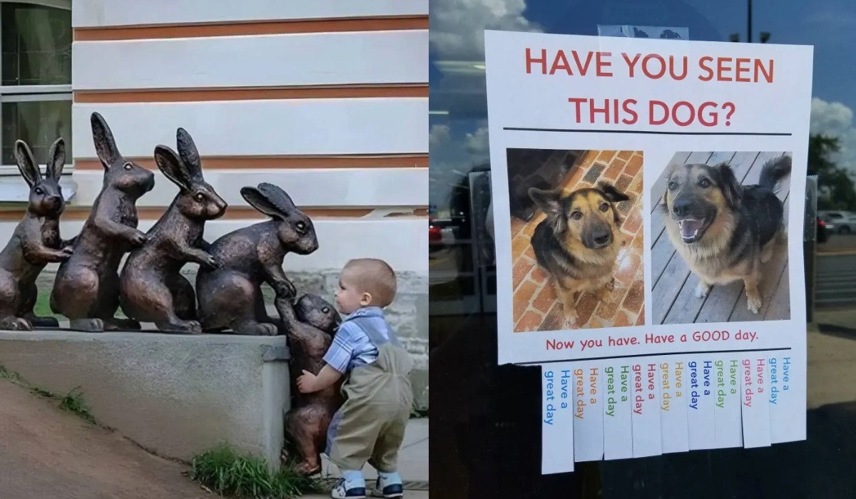 A small child interacts with bronze rabbit sculptures at a building's exterior.