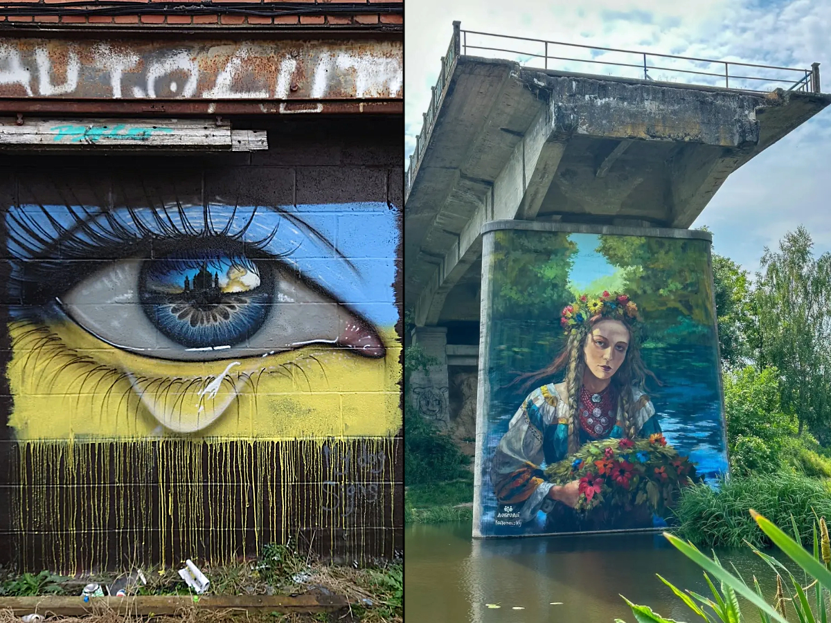 Left: A mural by My Dog Sighs featuring a close-up of a human eye painted in the colors of the Ukrainian flag—blue above and yellow below. Inside the iris, a reflection of a war-damaged cityscape is visible, and a single tear drips down the wall, symbolizing the pain and resilience of Ukraine. Right: A mural by Konstantin Kachanovsky in Ukraine, painted on a concrete bridge pillar. It depicts a young woman in traditional Ukrainian clothing with a floral wreath on her head, standing by a calm river while holding a wreath of flowers. The artwork represents Ukrainian culture, remembrance, and the nation’s enduring spirit amid war.