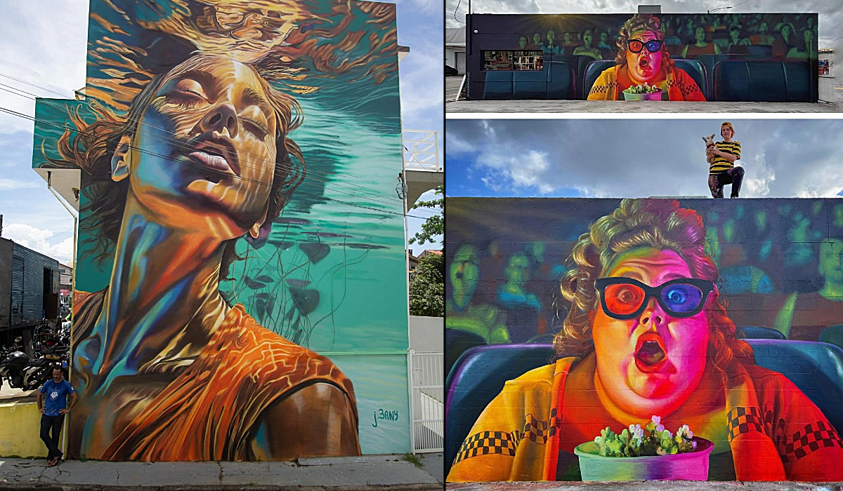 A split-image showcasing two striking murals. On the left, a hyper-realistic mural by J3RMY in Brazil depicts a woman submerged underwater, her face illuminated by rippling sunlight, blending realism with surrealism. On the right, a vibrant 3D mural by Naomi Haverland in Fort Lauderdale, USA, features a woman with exaggerated expressions wearing 3D glasses, surrounded by a glowing movie theater audience, making the wall appear to come alive.