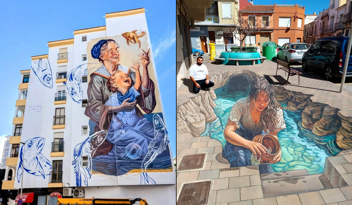 Side-by-side image of two public artworks: a tall mural of a grandmother and child joyfully playing with a goldfish in Estepona, Spain, and a 3D anamorphic street painting of a woman pouring water in Riola, Spain.