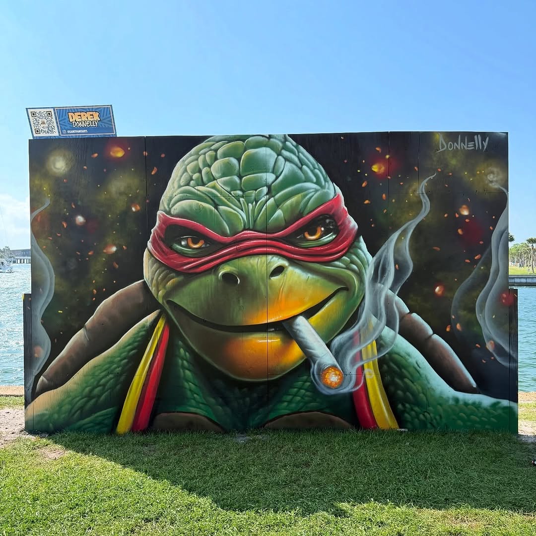Street art of a Teenage Mutant Ninja Turtle smoking a cigar, with a dark starry background and glowing embers, painted by Derek Donnelly in St. Petersburg, Florida.
