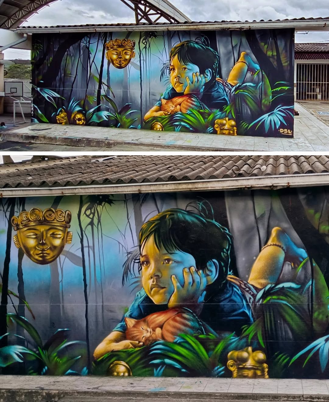 Wall mural of a child lying in a jungle with a sleeping orange cat, surrounded by glowing golden masks and lush vegetation, painted by Lisérgico Laboratorio Creativo in Calarcá, Colombia.