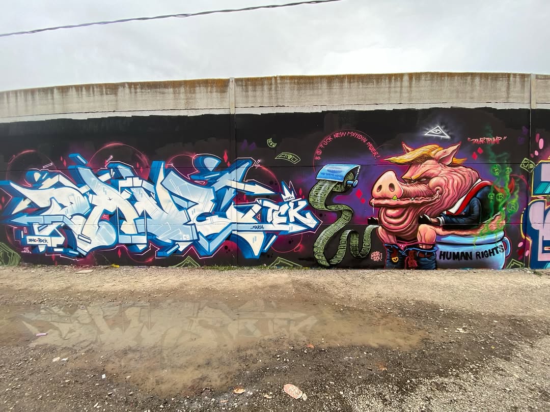 A full view of the mural 'The Crime Kings 2025' by Bear Tck in Madrid, Spain. The graffiti artwork features a caricature of Donald Trump as a pig, sitting on a toilet labeled 'Human Rights.' To the left, a blue graffiti tag contrasts with the detailed character illustration. The mural includes a roll of toilet paper made of dollar bills, an Illuminati-style glowing eye, and green fumes rising with Bitcoin symbols, set against a dark purple and red background.
