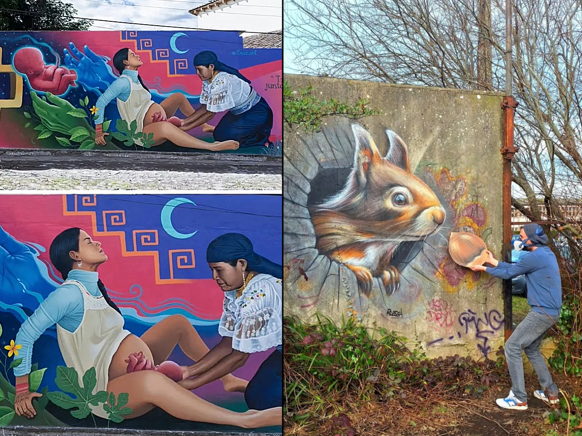 A collage of two striking street art pieces. On the left, a vibrant mural by Alvaro Córdova in Cotacachi, Ecuador, depicting an Indigenous woman assisting another woman in childbirth under a crescent moon, with Andean textile patterns and a floating fetus in the cosmos. On the right, a hyperrealistic mural by Blesea in Cherbourg, France, showing a squirrel breaking through a concrete wall. A man in a hoodie interacts with the artwork, holding a real acorn to enhance the illusion. A fusion of culture, symbolism, and playful street art.