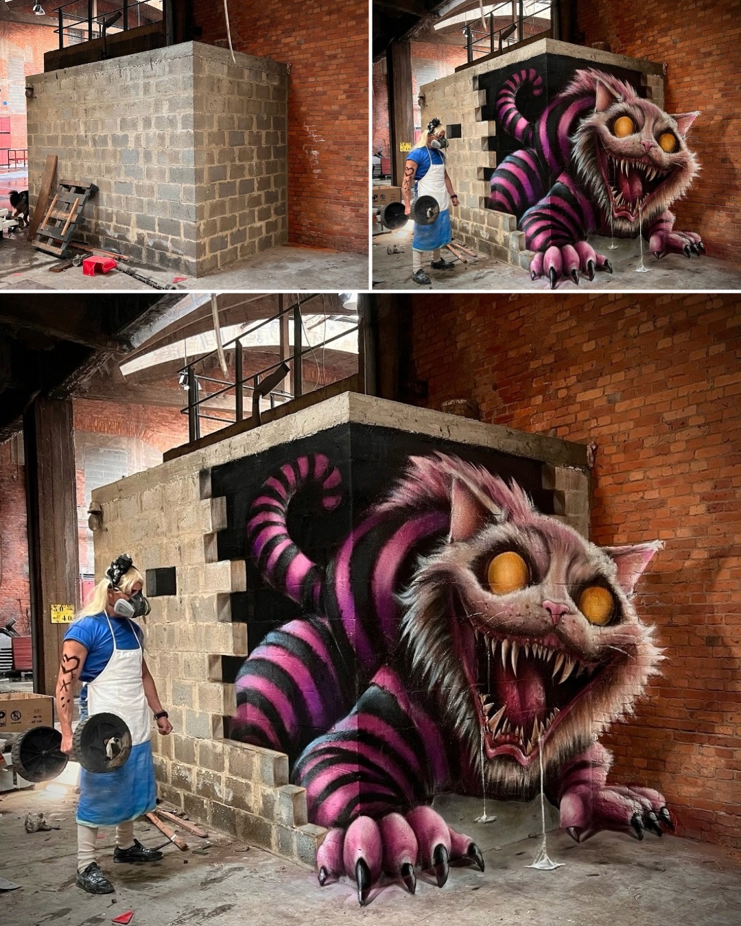 A stunning 3D mural by SCAF transforming a plain brick structure into a monstrous, grinning Cheshire Cat with glowing yellow eyes and sharp teeth. The cat appears to be bursting through the walls, with its pink and black-striped body wrapping around the corners. A man dressed in a butcher’s apron and a gas mask stands nearby, holding weights, enhancing the eerie and surreal effect. Before-and-after shots show the space before the mural was painted.
