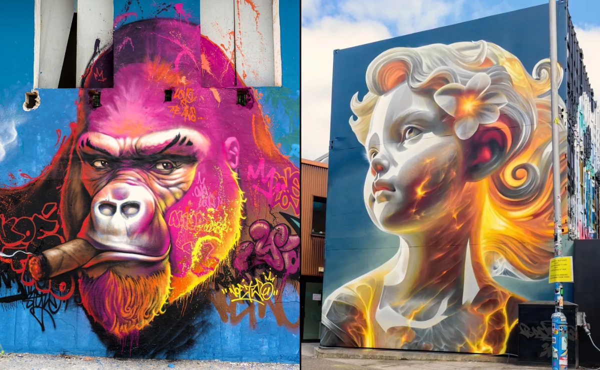 Split header image featuring two vibrant street art murals: on the left, a colorful mural of a gorilla smoking a cigar, painted with bold pink, purple, and orange graffiti accents in Itaparica, Brazil; on the right, a strikingly detailed mural of a girl illuminated from within by golden, fiery hues, painted against a dark background in Glasgow, UK.