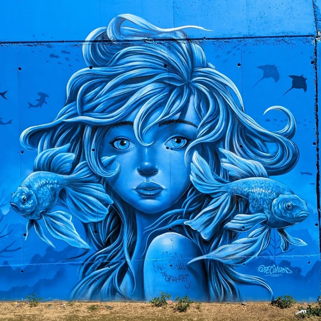Blue-toned mural of a young woman’s face surrounded by goldfish and other sea creatures, set against an underwater scene, painted on a large wall in Jerez, Spain.