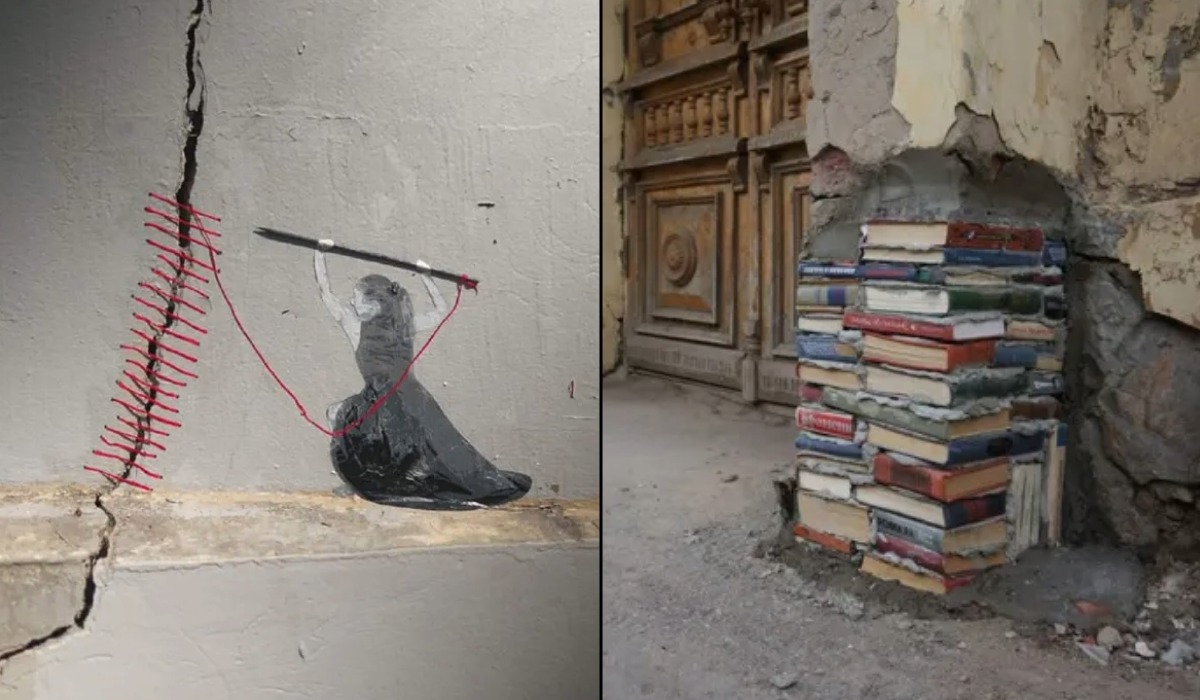 A collage of playful street art repairs using cracks, broken walls, potholes, plastic bricks, mosaics, flowers, bottle planters, books, and painted figures as part of the artwork.