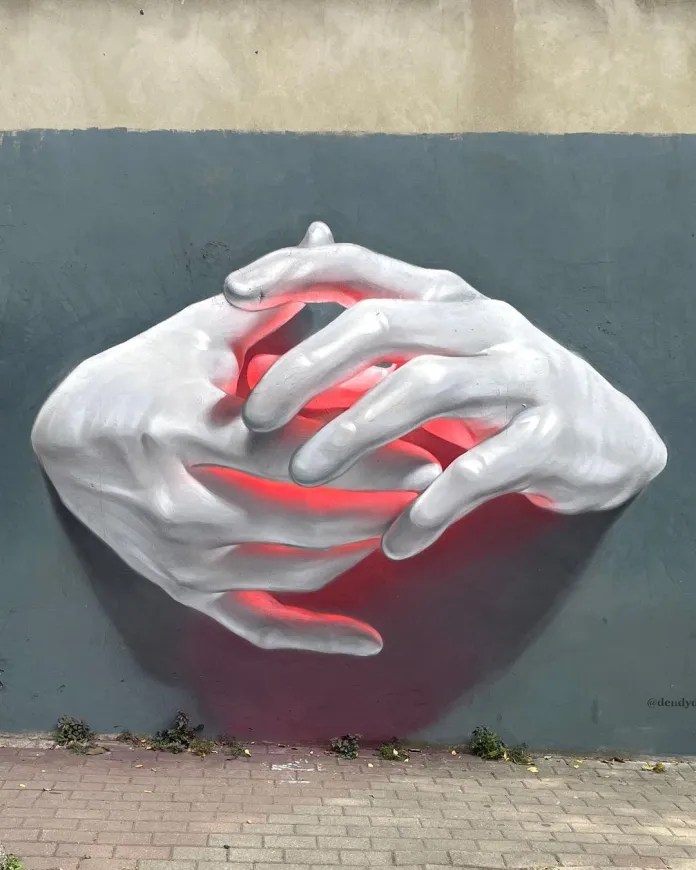 A street mural of two highly detailed, glowing hands holding a bright red sphere of light between their palms in Istanbul, Turkey.