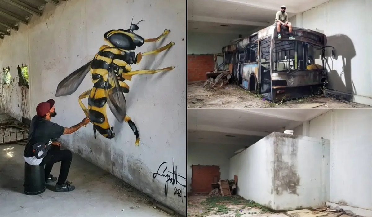 A man painting a large yellow and black bee mural on a wall in an abandoned building.