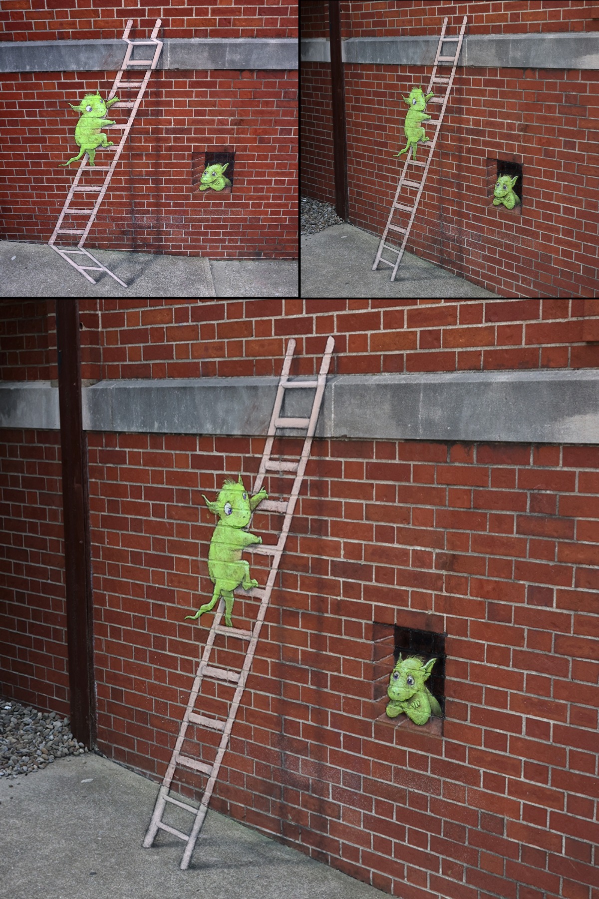 Chalk drawing on a brick wall showing a green cartoon creature climbing a painted ladder, with another painted version of its head poking through a small square hole in the wall.