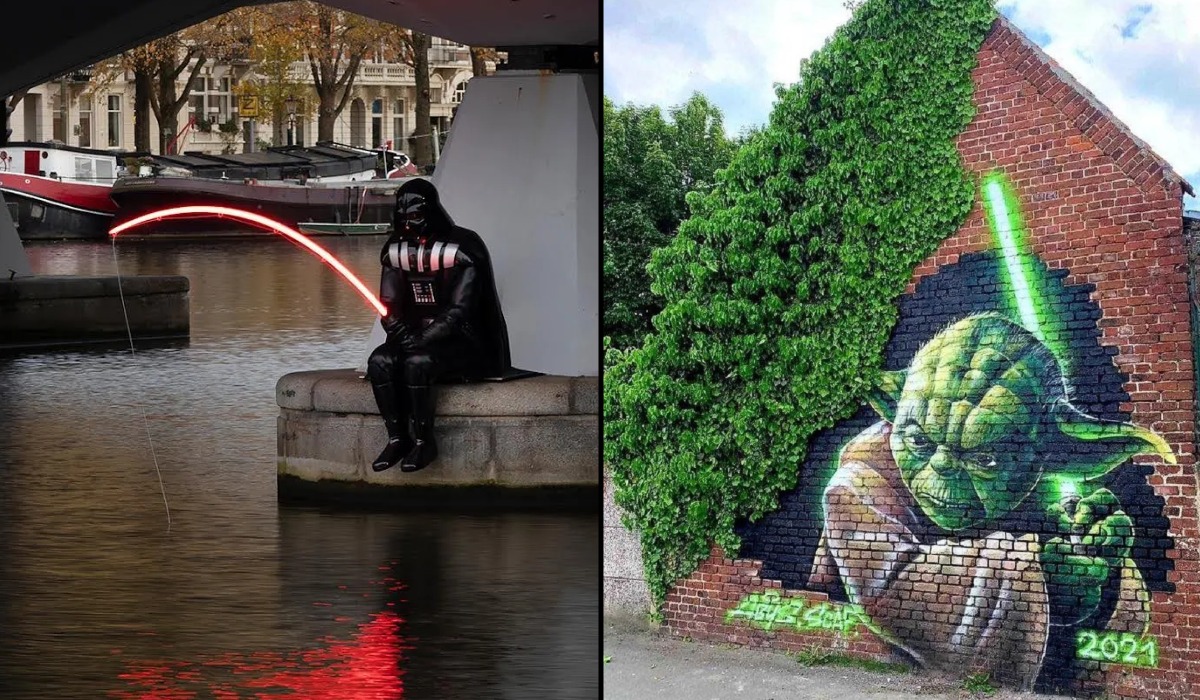 Split image of Star Wars street art: Frankey’s Darth Fisher sculpture shows Darth Vader fishing beside an Amsterdam canal on the left, and a Yoda mural by Scaf Oner and ABYS is painted on a brick wall partly covered with ivy on the right.