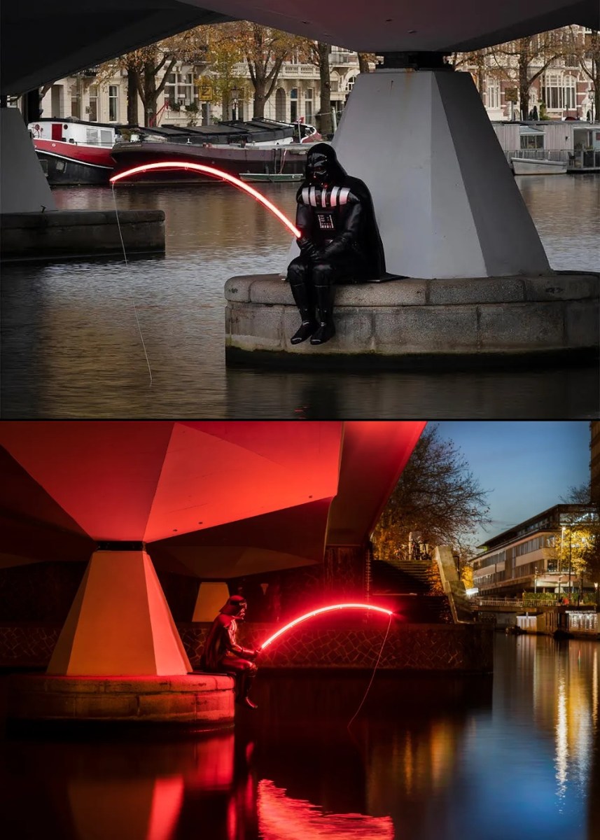 Two photos of Frankey’s Darth Fisher sculpture under De Torontobrug in Amsterdam, with Darth Vader sitting by the canal and holding a red light-up fishing rod reflected in the water.