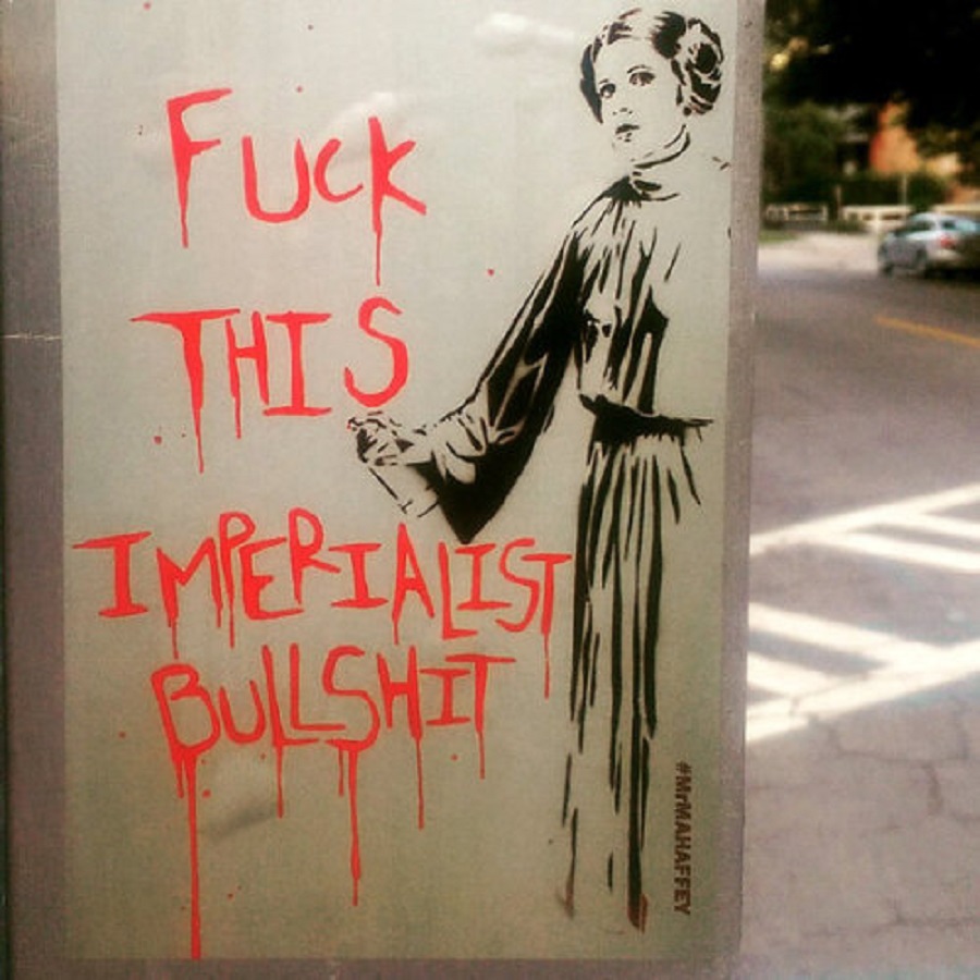 Princess Leia stencil by Mr. Mahaffey in Savannah, Georgia, beside red spray-painted text reading “Fuck this imperialist bullshit” on a street utility box.