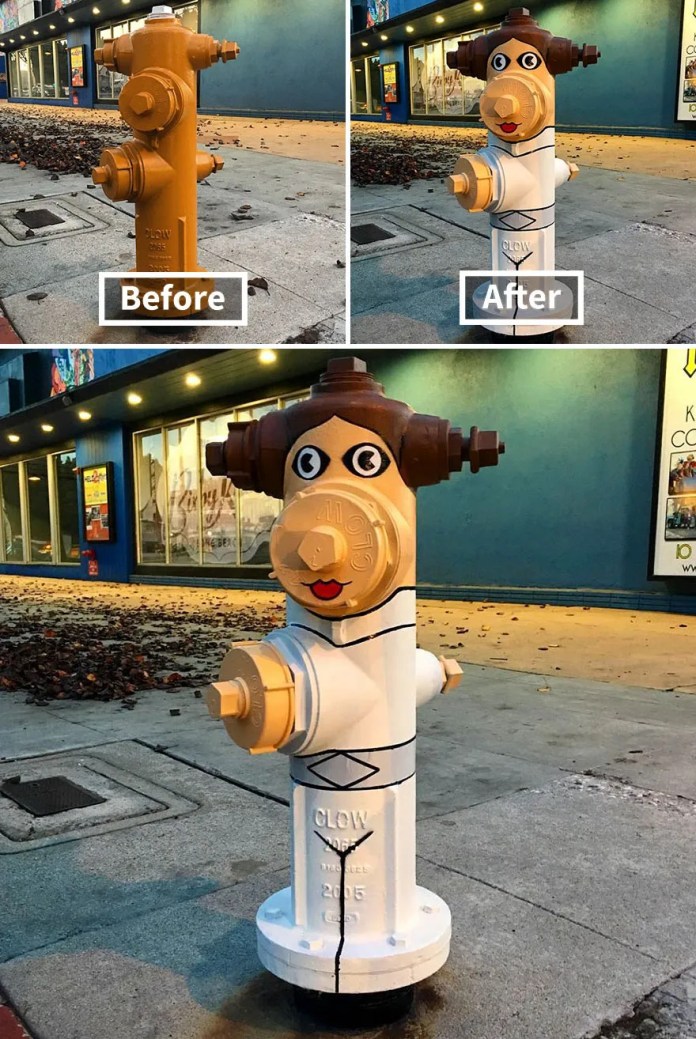 Before-and-after photo of a yellow fire hydrant painted by Tom Bob in Long Beach, California, so the hydrant becomes Princess Leia with hair buns, eyes, lips, and a white dress.