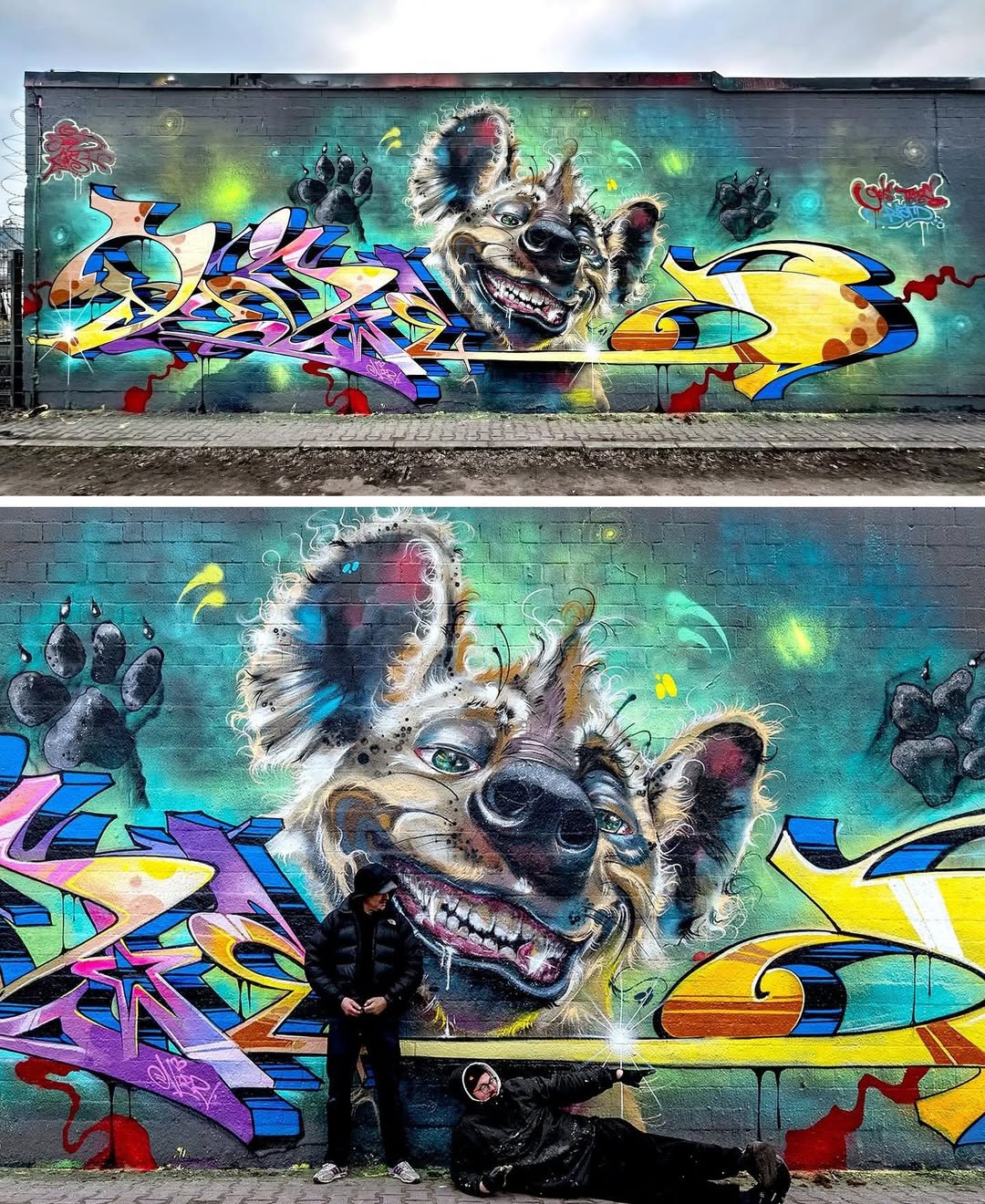 A hyper-realistic hyena with a mischievous grin is integrated into a vibrant graffiti mural, surrounded by abstract lettering in shades of blue, yellow, and purple. Large black paw prints in the background add a wild energy to the piece.