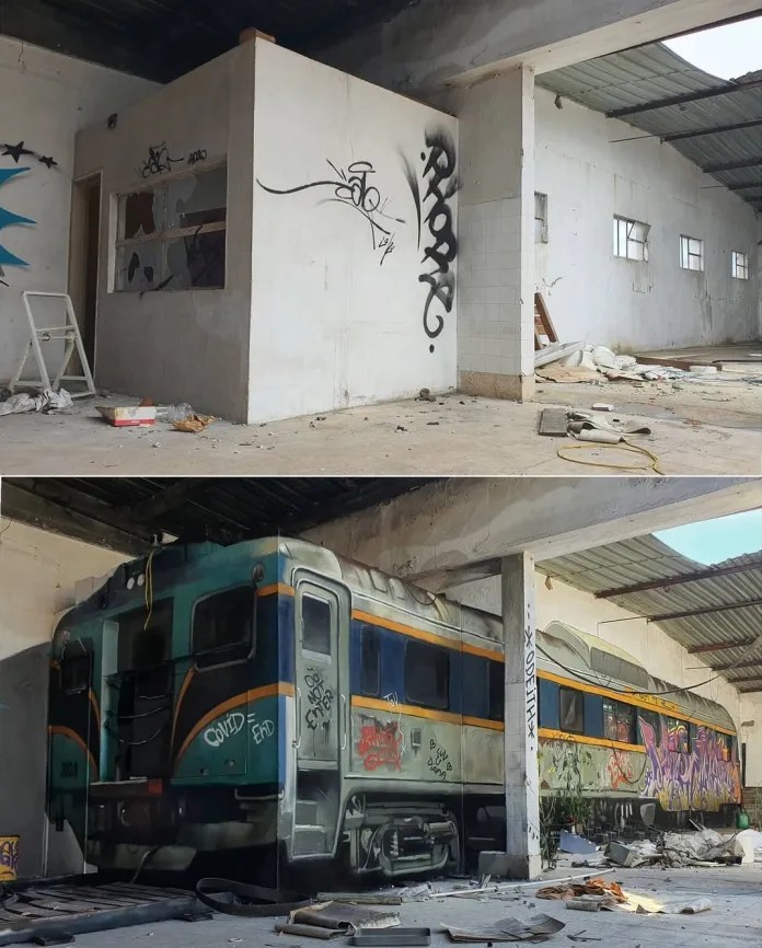 Highly realistic 3D graffiti of a train painted on a flat wall inside an abandoned warehouse by Odeith.