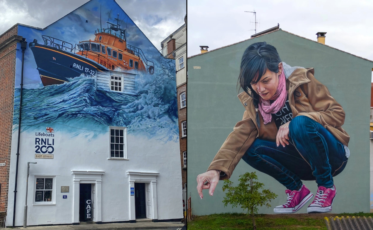 Split-image header featuring two photorealistic murals on building facades: on the left, a lifeboat crashes through ocean waves, with realistic water spray and an actual window incorporated into the boat’s structure—painted to celebrate 200 years of RNLI in Weymouth, England. On the right, a giant woman crouches as if interacting with a tiny real tree below her, wearing a brown jacket, pink scarf, jeans, and pink sneakers—painted on a green building wall in Italy.