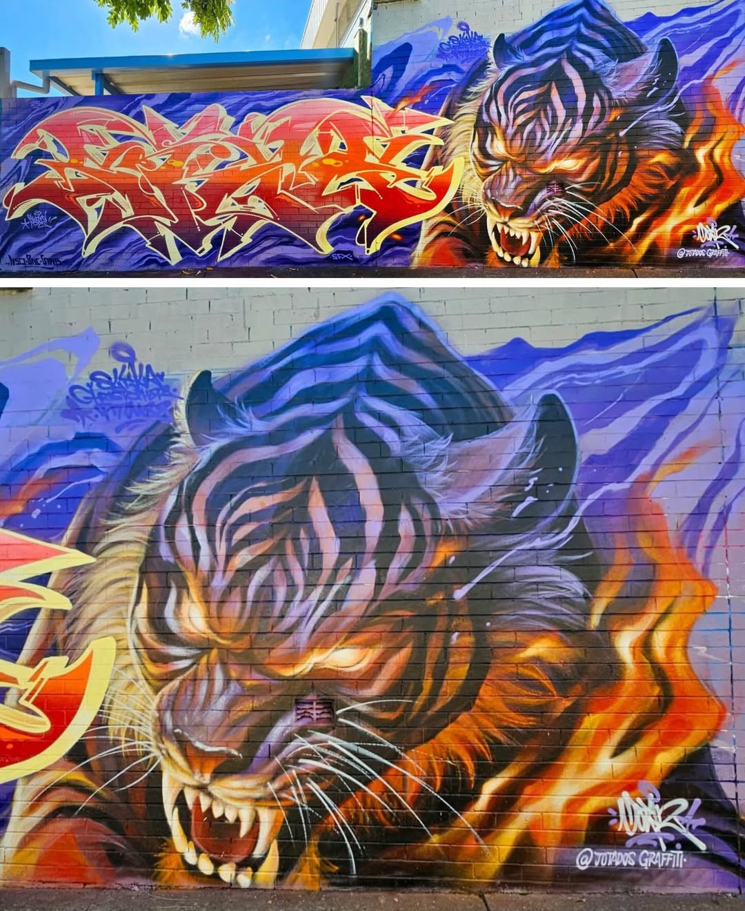Mural of a fierce tiger with glowing eyes and bared teeth emerging from orange flames, blended with abstract purple shapes and large red graffiti letters, painted on a brick wall.