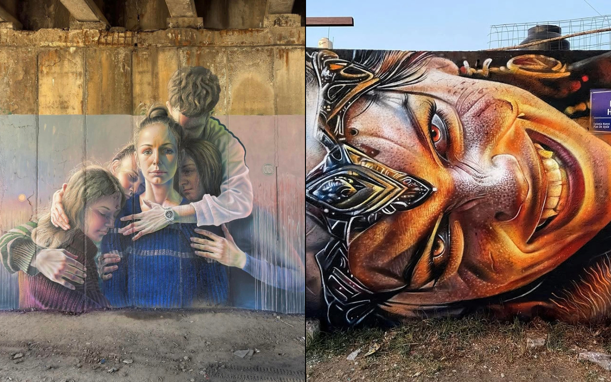 Split-image header showing two striking murals: on the left, a hyper-realistic painting by Sasha Korban in Kyiv, Ukraine, of five people in a close embrace beneath a concrete bridge, with the central figure looking outward solemnly; on the right, a vivid portrait by Lucek Lucek in Puebla, Mexico, showing a grinning face with gold teeth, glowing skin tones, and an intricate metallic headpiece, painted at a dramatic tilted angle.