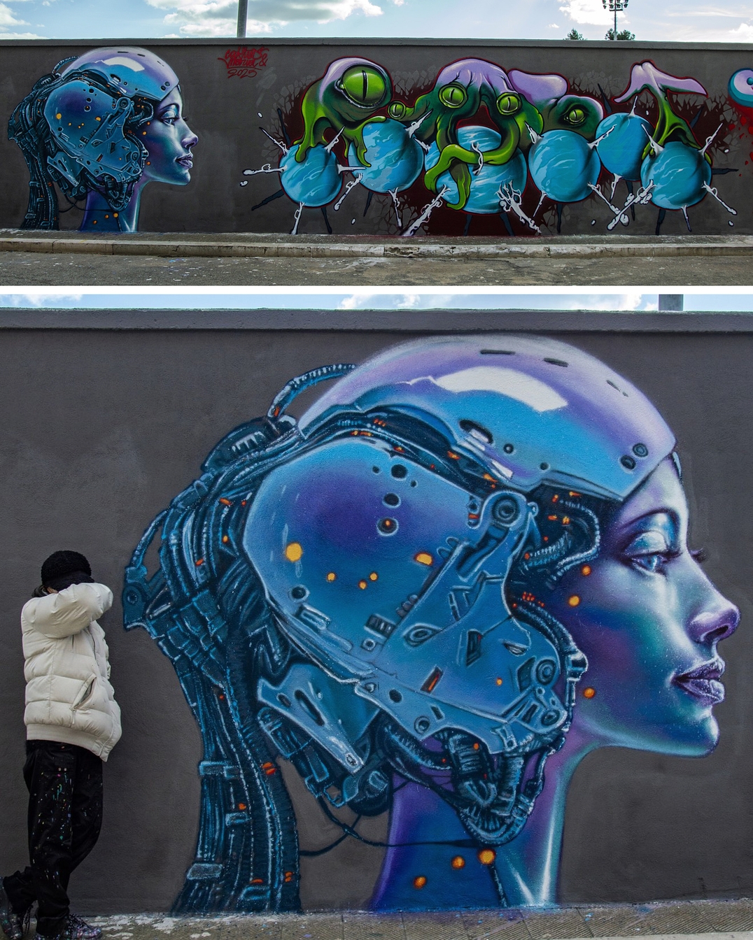 Mural of a futuristic woman with a robotic headpiece painted in glowing purples and blues, highly detailed with circuitry, next to colorful alien-like graffiti on a wall in Italy.