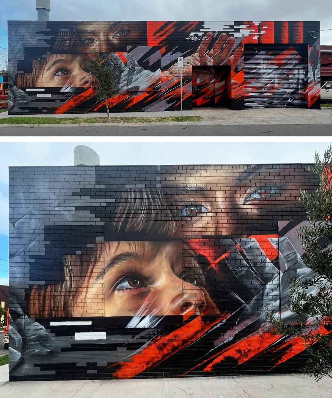 ural on a black brick wall showing layered, realistic eyes and faces of children in a fragmented composition with red and grey glitch effects, painted in Melbourne, Australia.
