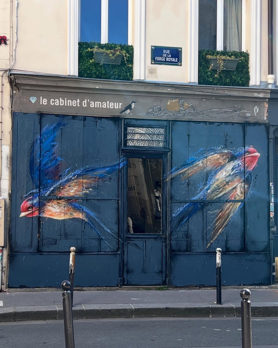 Mural on Paris storefront depicting two dynamic, painterly birds in flight against a deep blue background, with visible motion lines and vibrant feathers.