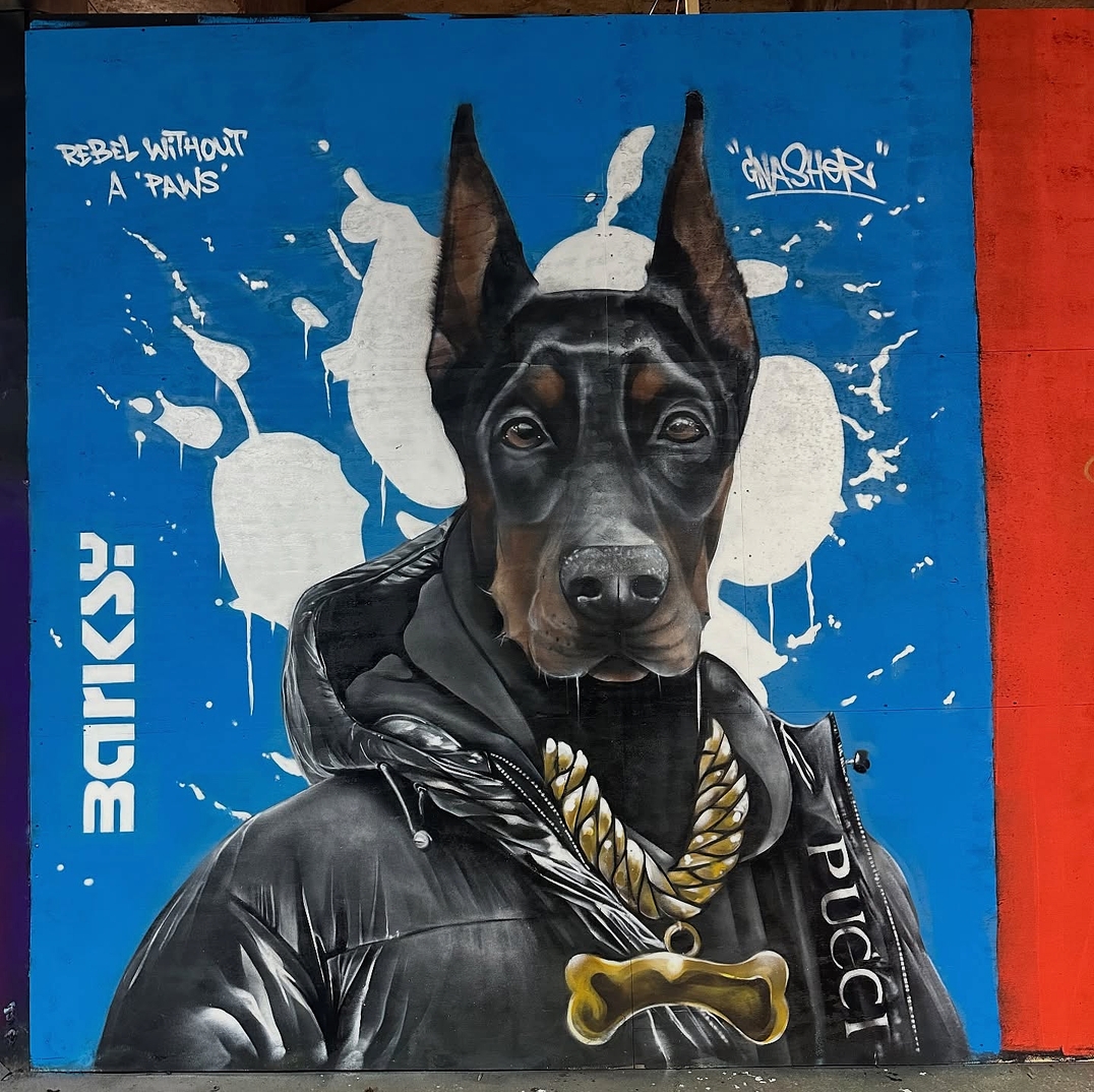 A mural by Gnasher in Southend-on-Sea, UK, depicts a highly detailed Doberman wearing a black puffer jacket and a thick gold chain with a bone-shaped pendant. The backdrop is blue with white paint splatters, and the words “BARKY” and “PUCCI” are written in bold font.