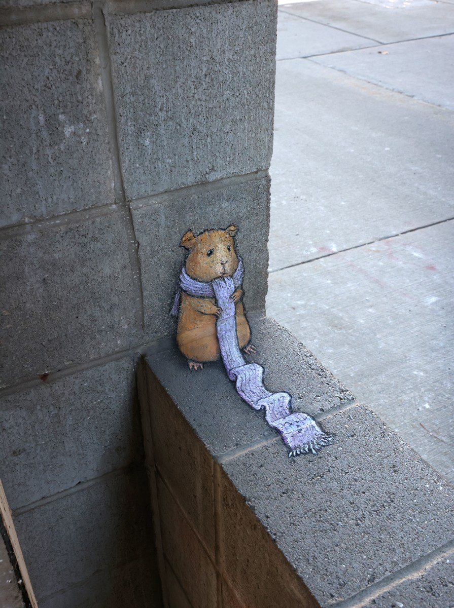 A sidewalk chalk drawing by David Zinn in Ann Arbor, Michigan, features a tiny, furry hamster-like creature wearing a purple scarf. It sits on the edge of a concrete ledge, holding the scarf as if preparing to share it with others, embodying warmth and kindness.
