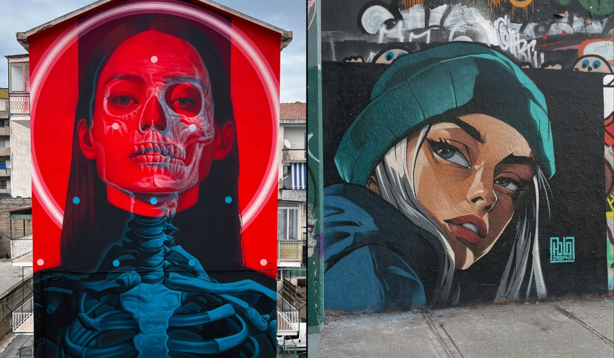 Split image showing two street art murals. On the left, a tall red-toned mural by INSANE51 in Crotone, Italy, features a woman with a calm expression whose face and chest are overlaid with a transparent skeletal x-ray, surrounded by glowing circles and blue dots. On the right, a mural by Polo (Polographe) in Montreal, Canada, depicts a woman in a teal beanie and jacket with white-blonde hair, turning her head over her shoulder, painted in a bold, comic-inspired style with strong outlines and shadows.
