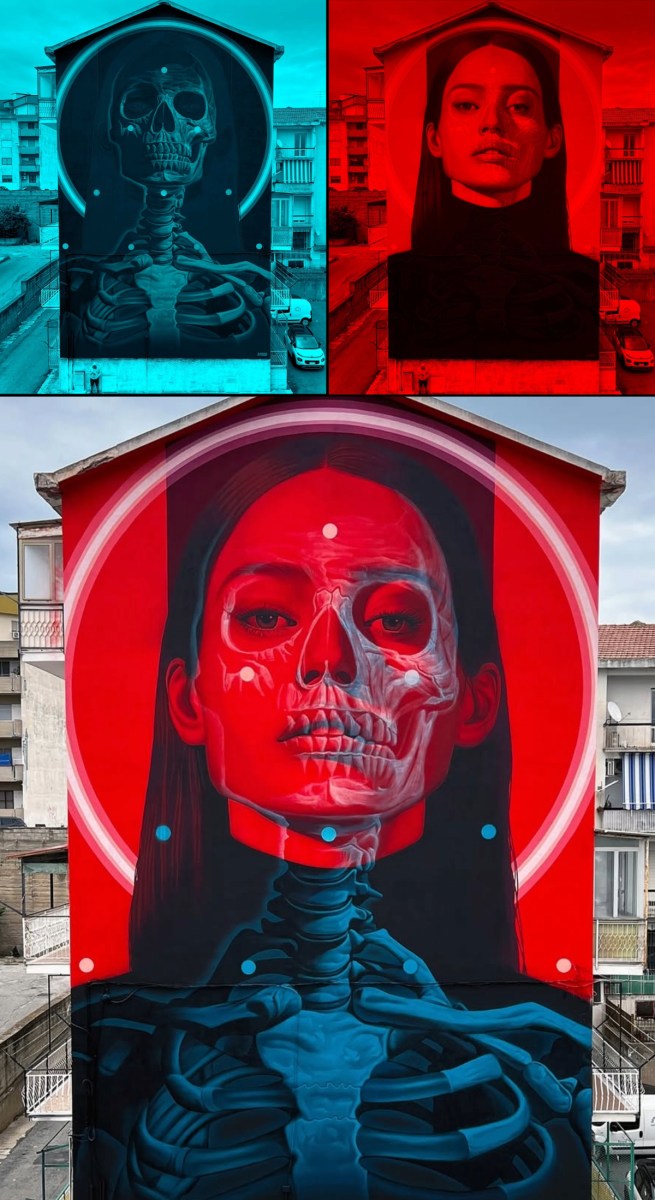 Mural by INSANE51 in Crotone, Italy, depicting a woman’s face overlapping with her skeletal x-ray in a red-and-blue dual-layer technique across a building façade.