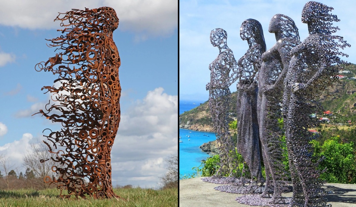 Collage of junk metal sculptures made from reclaimed tools, gears, chains, knives, tires, and other discarded materials.