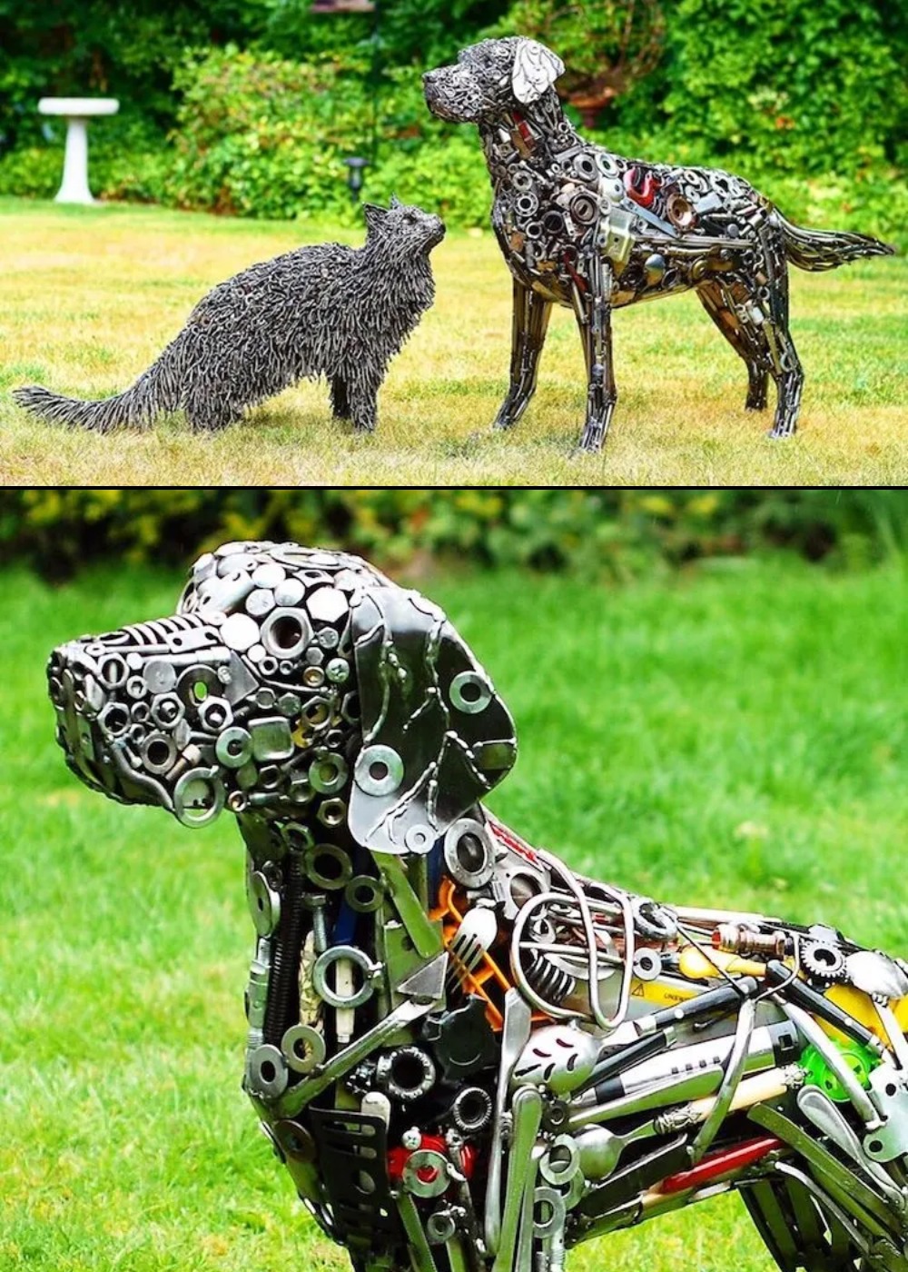 A realistic dog sculpture and a cat sculpture made from reclaimed metal parts by Brian Mock, using screws, sockets, forks, gears, rods, and other scrap metal pieces.