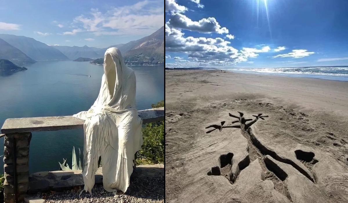 A spectacular 2-split photo compilation of joyful summer street art. It features a giant recycled wooden troll sculpture by Thomas Dambo in Wyoming and an incredible 3D illusion street mural. These clever graffiti artworks and beach carvings bring pure sunshine to cities worldwide.