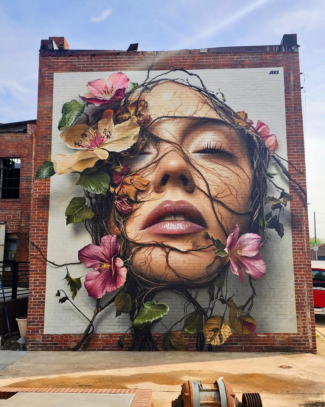 Inner Bloom by JEKS ONE in Lexington showing a woman's face emerging through vines and pink flowers.