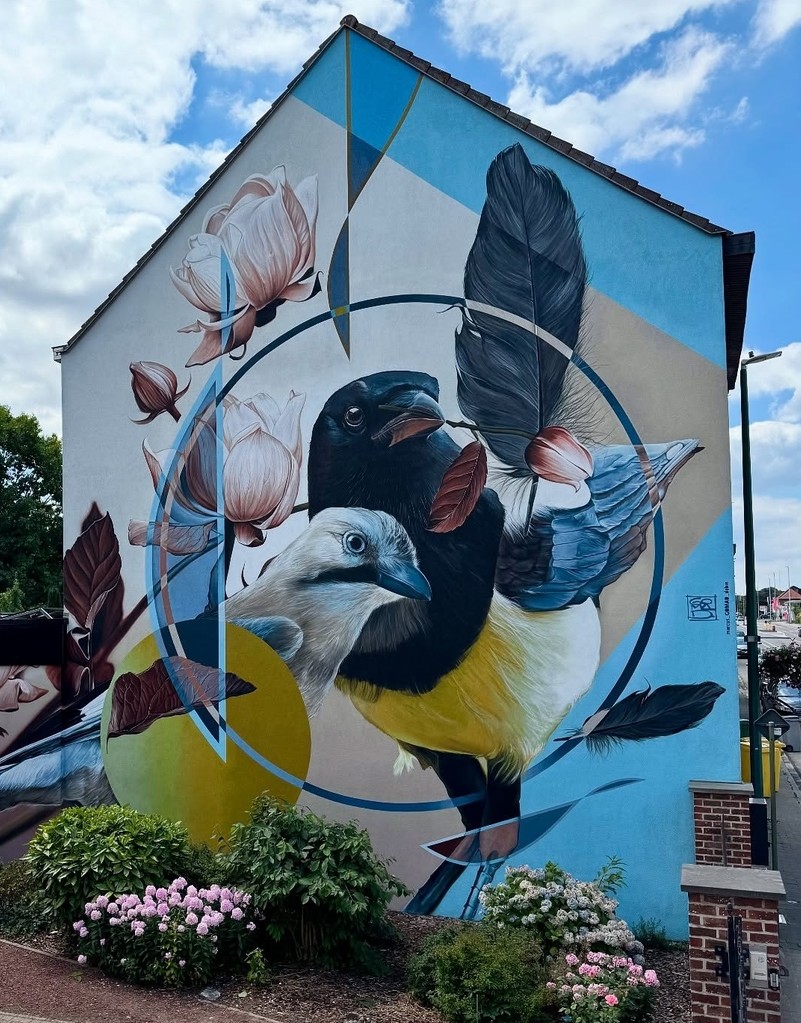 Garden of Feathers by Marcus Debie in Belgium with two birds, petals, feathers, and geometric circles.
